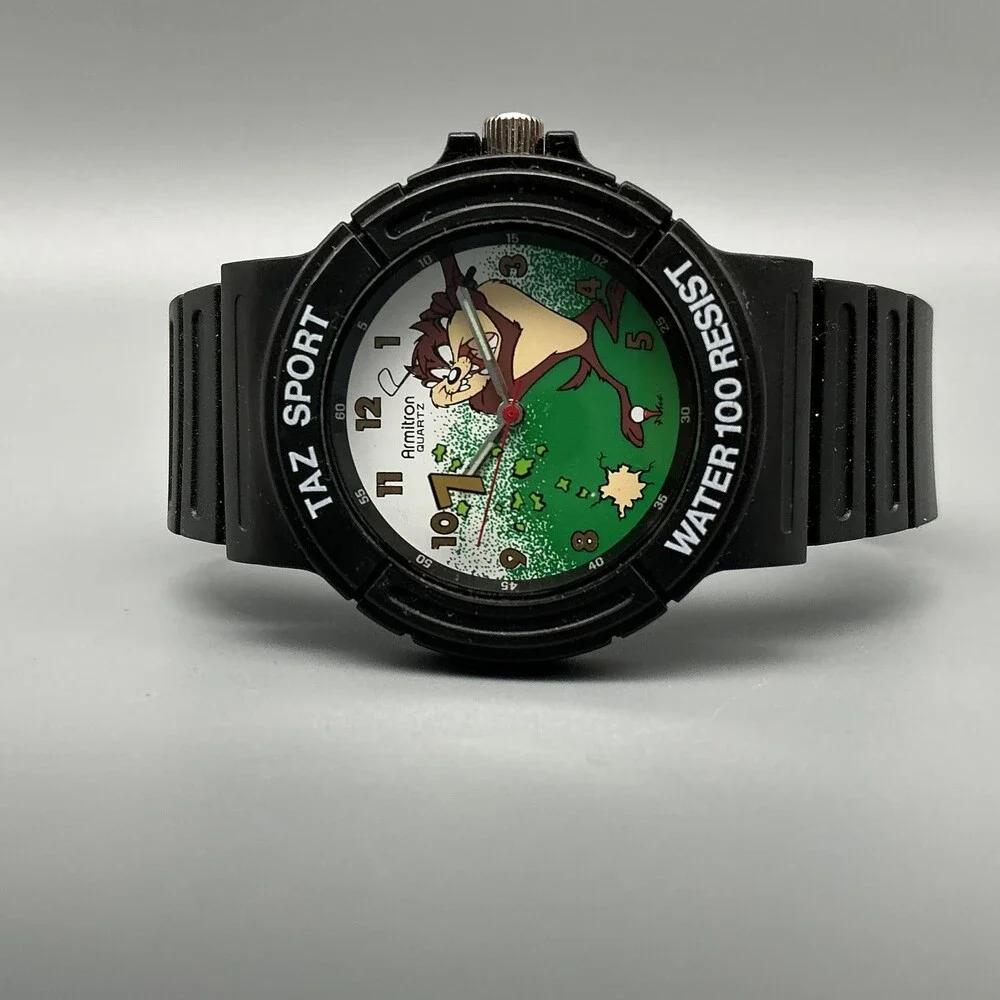 Vintage Armitron Taz Boys Watch 36mm Looney Tunes Black Rubber Sport New Battery